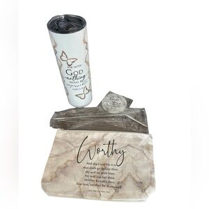 WORTHY Faith Based Tumbler, Mirror, and Cosmetic Bag